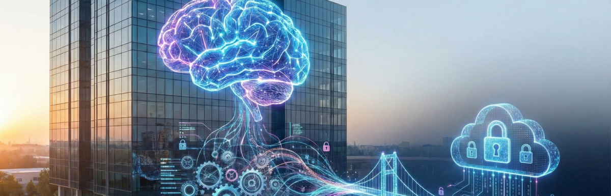 A modern glass office building at sunrise with holographic overlays of a glowing blue brain, gears, data streams, a digital bridge, and a cloud with padlocks, representing artificial intelligence, data transfer, and security.