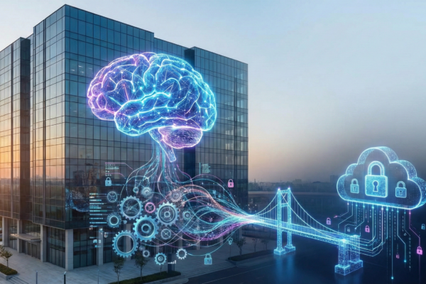 A modern glass office building at sunrise with holographic overlays of a glowing blue brain, gears, data streams, a digital bridge, and a cloud with padlocks, representing artificial intelligence, data transfer, and security.