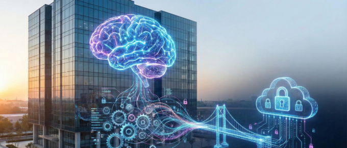 A modern glass office building at sunrise with holographic overlays of a glowing blue brain, gears, data streams, a digital bridge, and a cloud with padlocks, representing artificial intelligence, data transfer, and security.